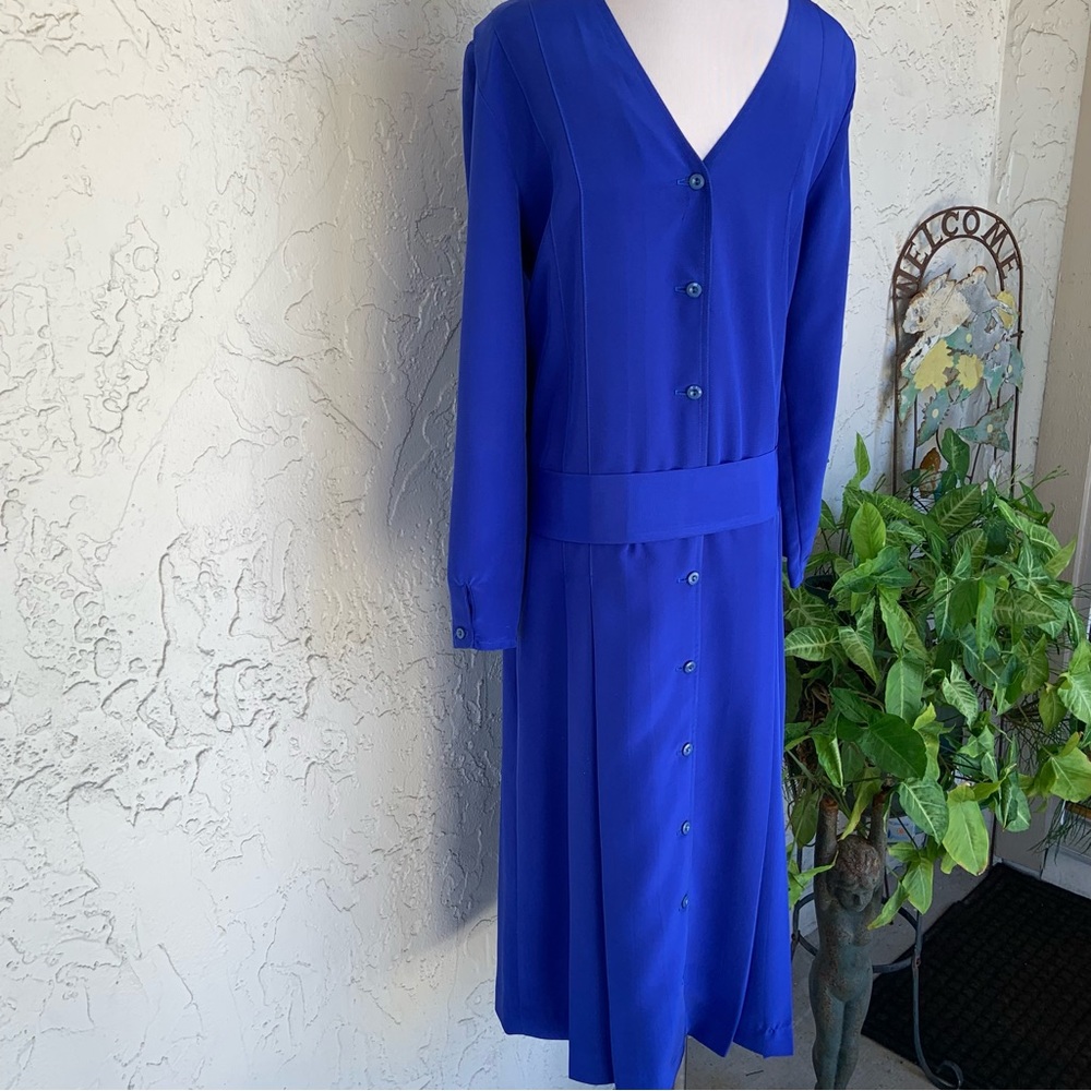 VTG 80s UK Chic Azure Blue Elegance-Belted, Button-backed WALLIS EXCLUSIVE